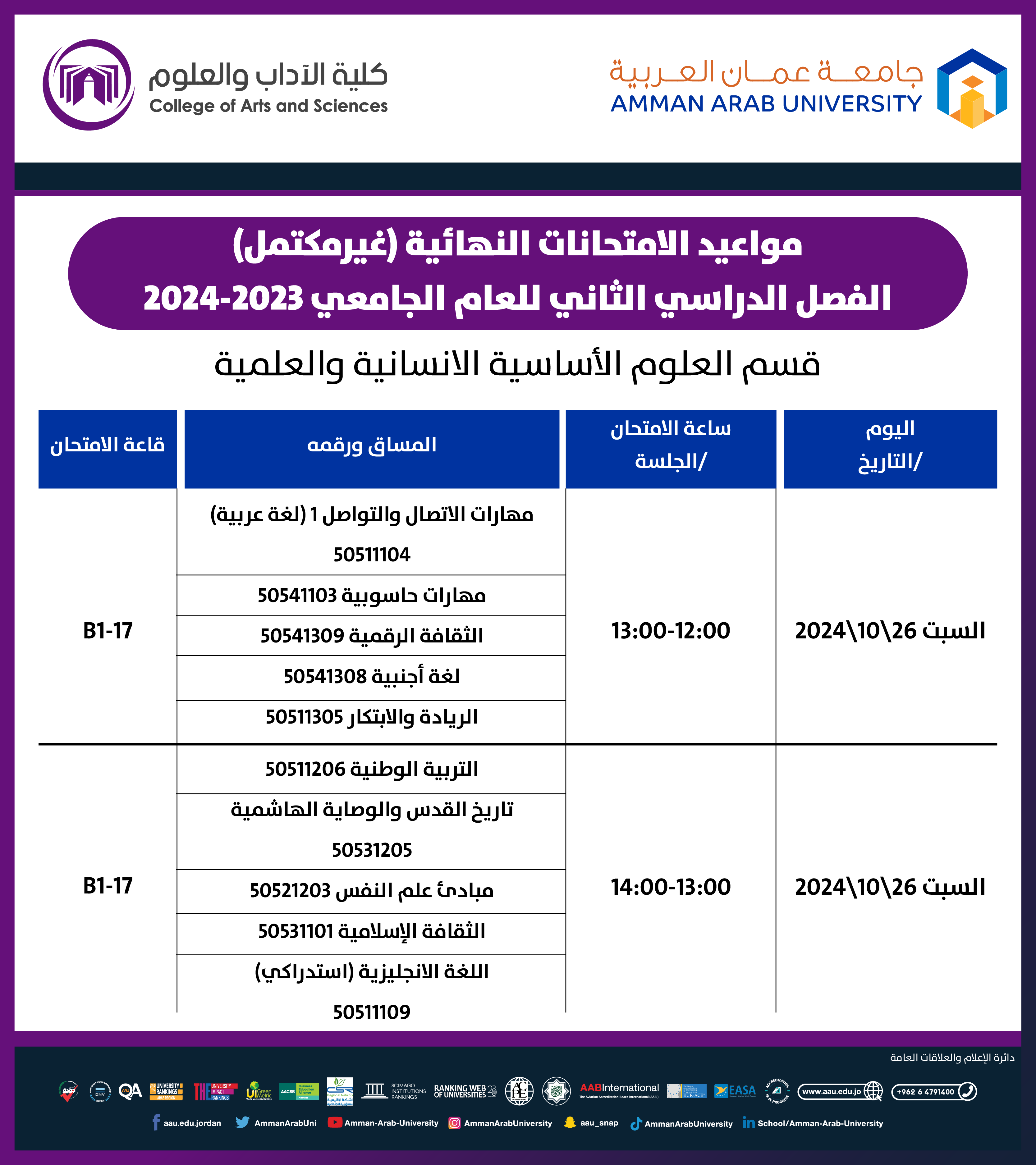 اعلان مواعيد الامتحانات النهائية غير المكتمل للفصل الثاني والصيفي من العام الجامعي 2023/2024- قسم العلوم الأساسية1