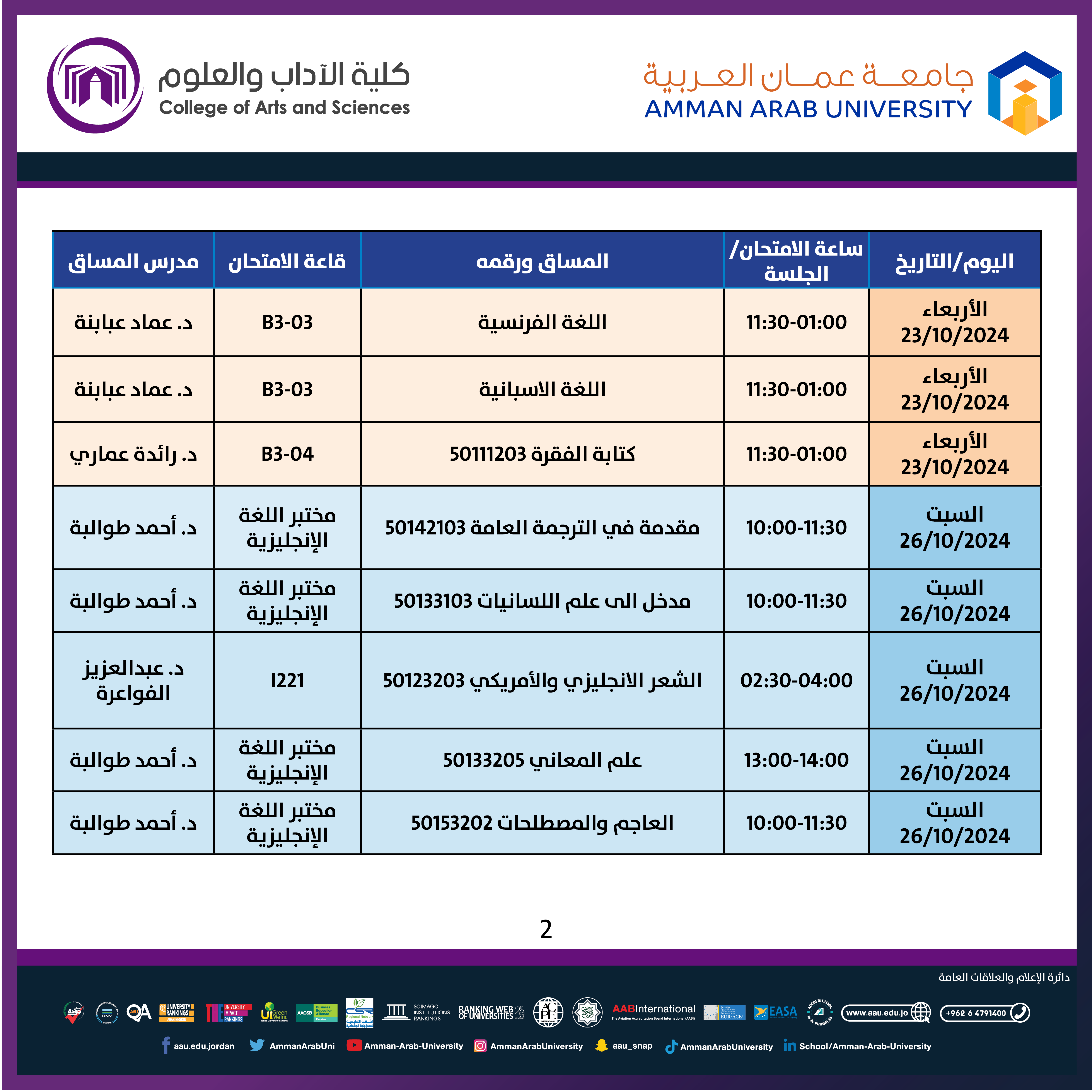 اعلان هام جدول الامتحانات غير المكتمل للفصل الثاني والفصل الصيفي 2023-2024- قسم اللغة الانجليزية2