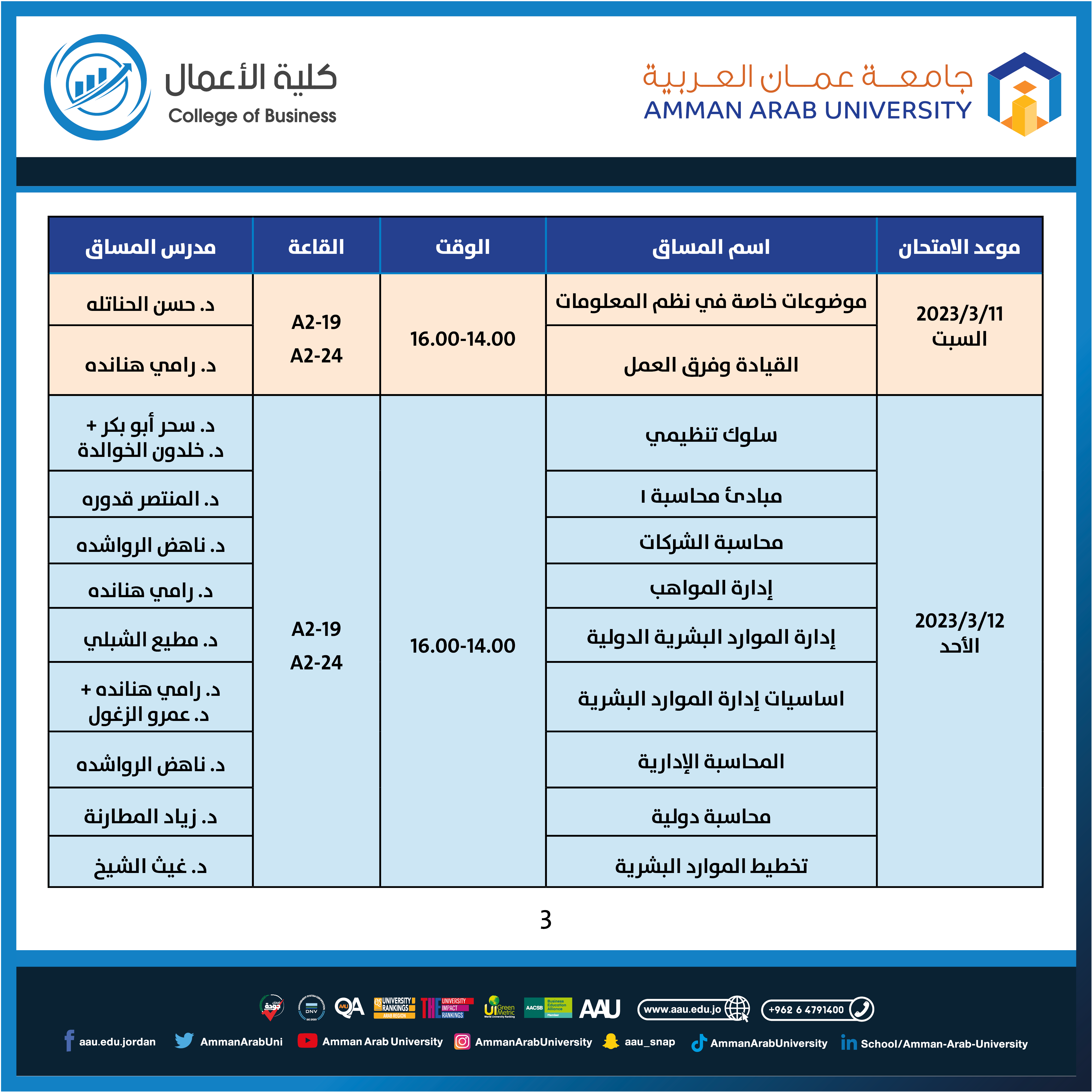 جدول الامتحان غير المكتمل - كلية الاعمال3