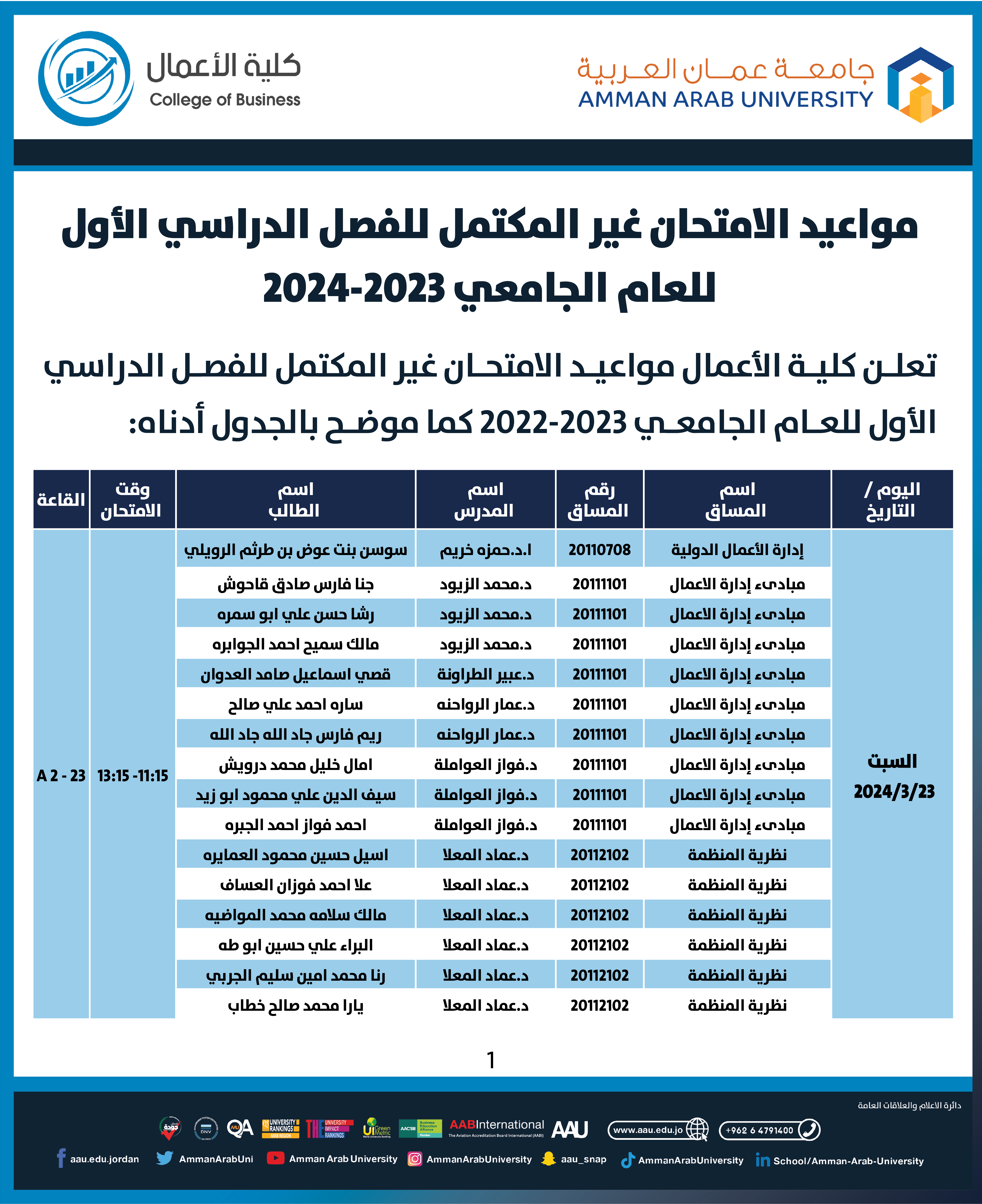 اعلان هام امتحان غير المكتمل لكلية الاعمال1