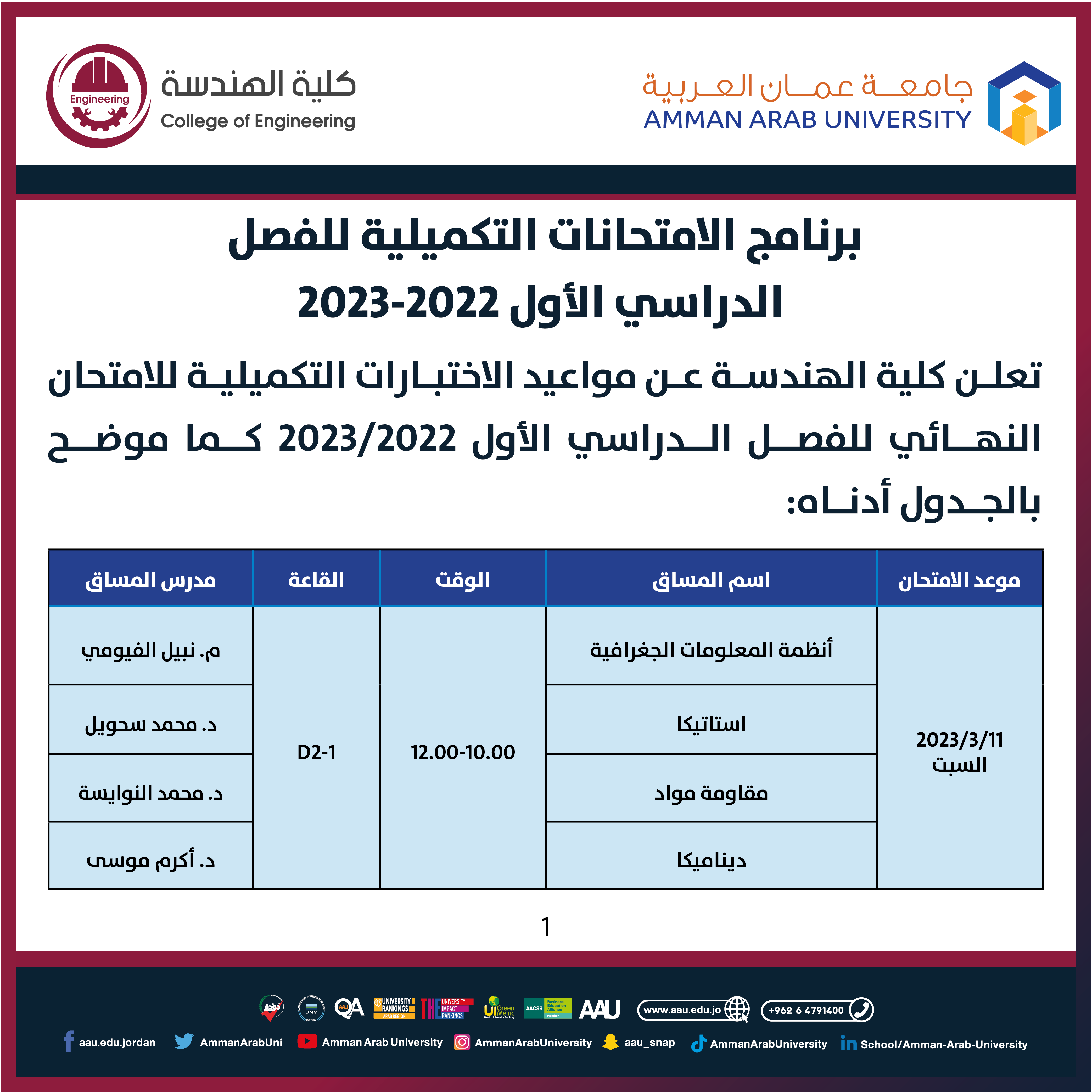 جدول الامتحانات التكميلية للفصل الدراسي الاول 2022-2023- كلية الهندسة1