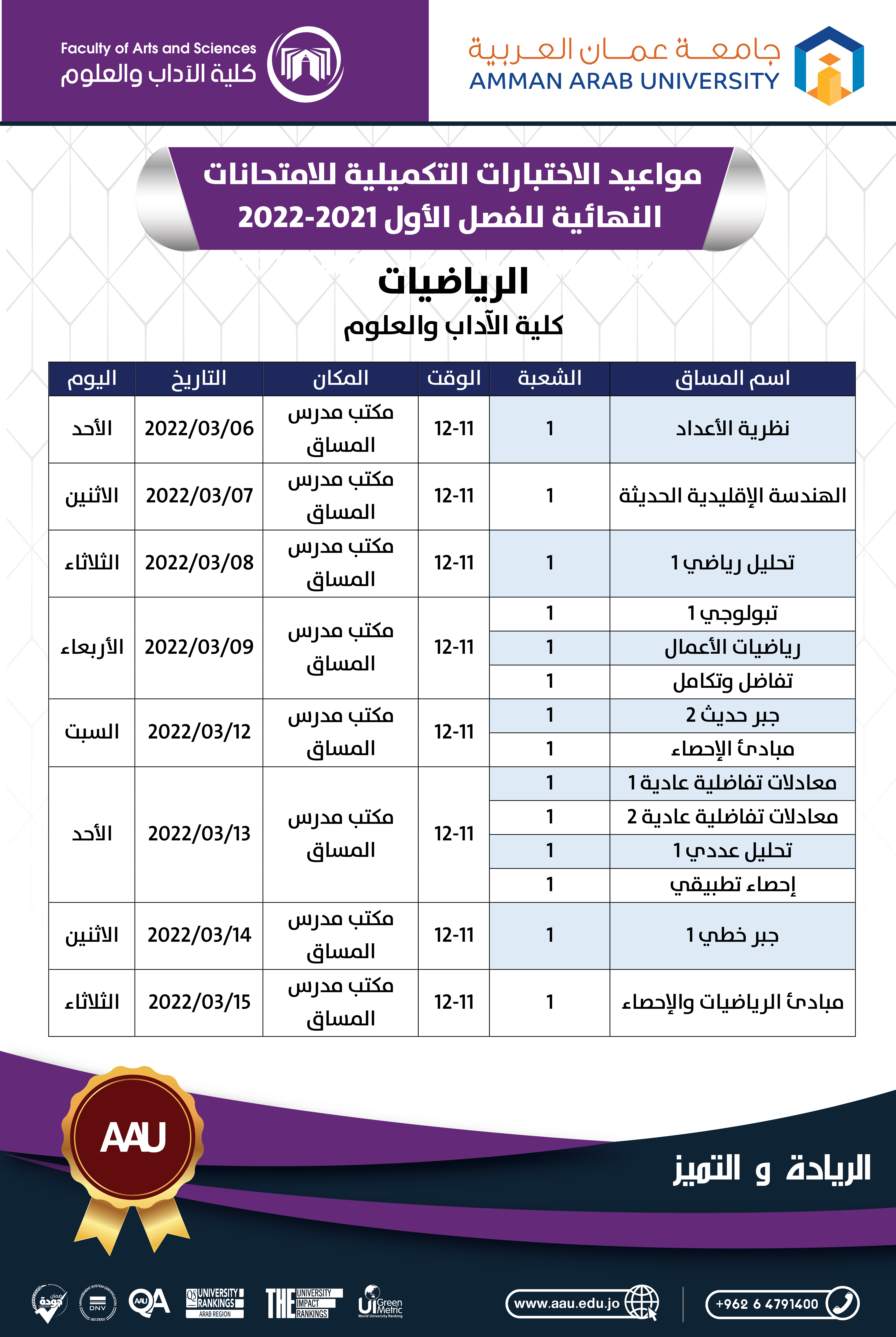 مواعيد الاختبارات التكميلية للامتحانات النهائية للفصل الدراسي الأول 2021-2022 ... كلية الآداب1