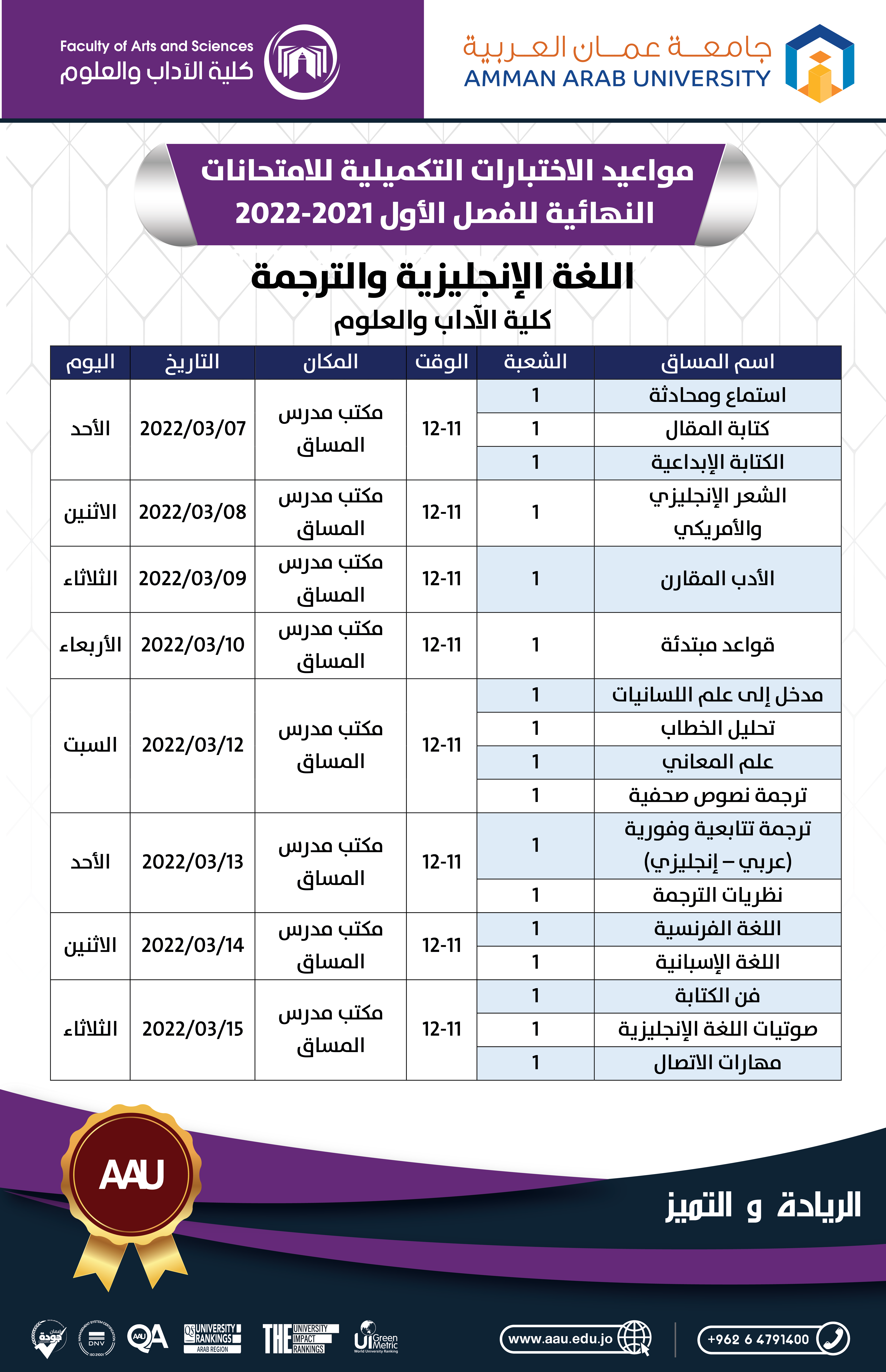مواعيد الاختبارات التكميلية للامتحانات النهائية للفصل الدراسي الأول 2021-2022 ... كلية الآداب3