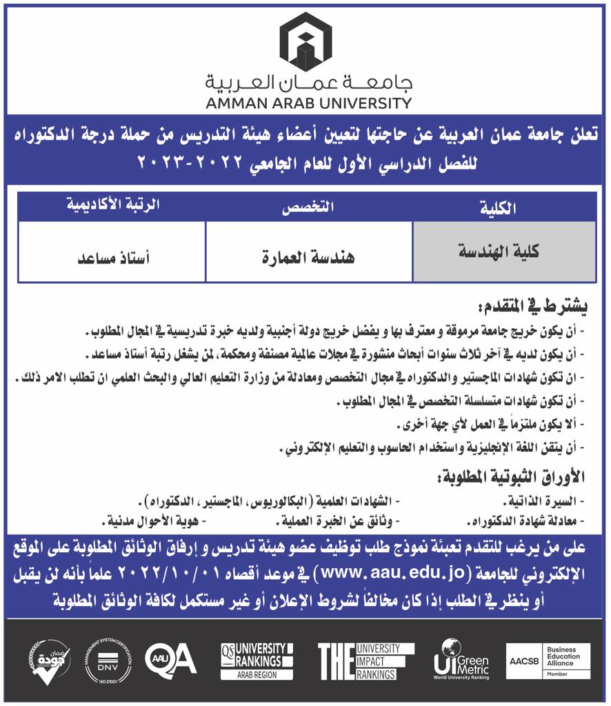 اعلان توظيف - تعلن جامعة عمان العربية عن حاجتها لتعيين اعضاء هيئة تدريس من حملة درجة الدكتوراة لكلية الهندسة