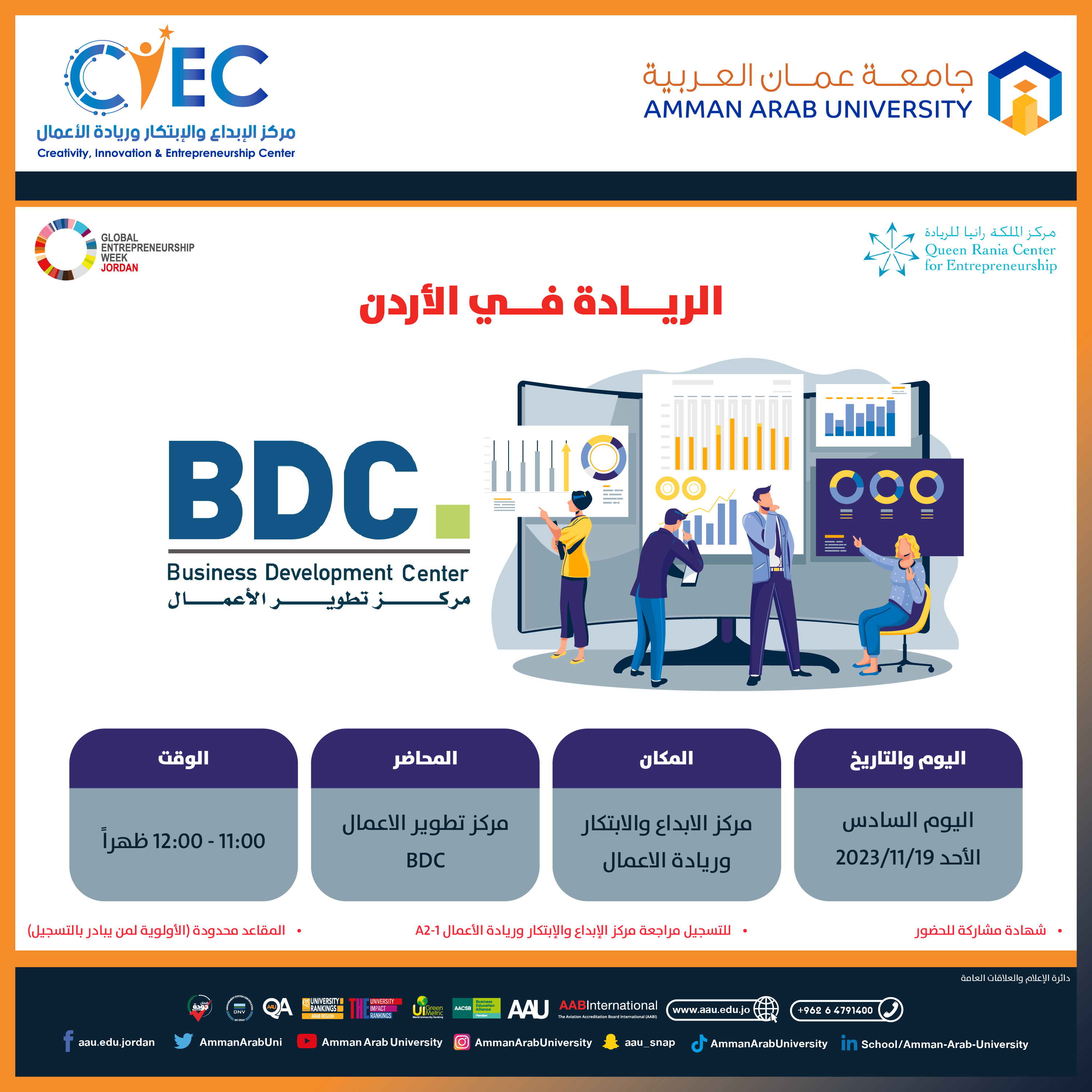 اعلان هام - التعرف على المحاضرات والورش التدريبية للأسبوع العالمي لريادة الأعمال في جامعة عمان العربية10