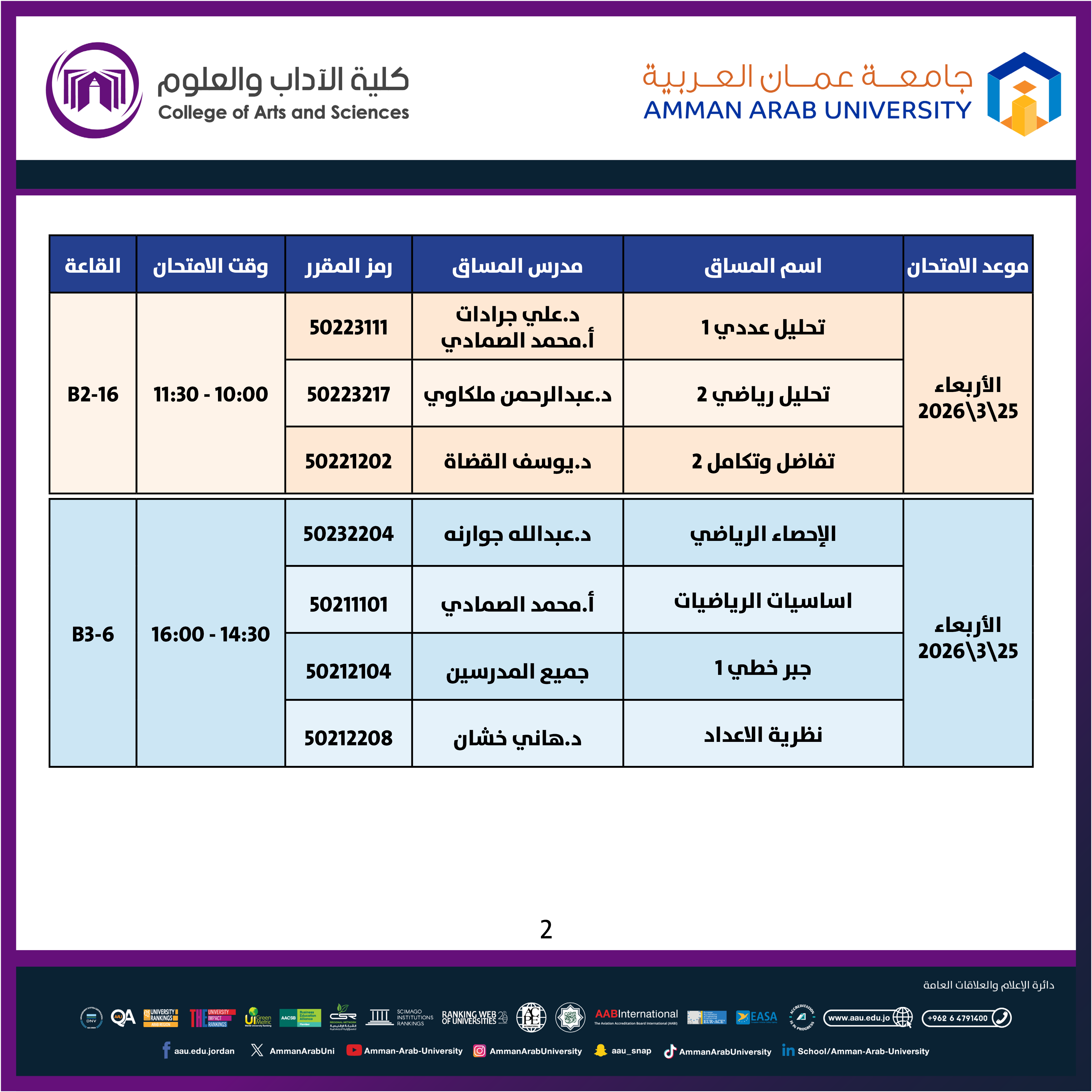 اعلان هام - جدول الإمتحانات غير مكتمل للفصل الدراسي الاول 2025-2026- كلية الاداب والعلوم2