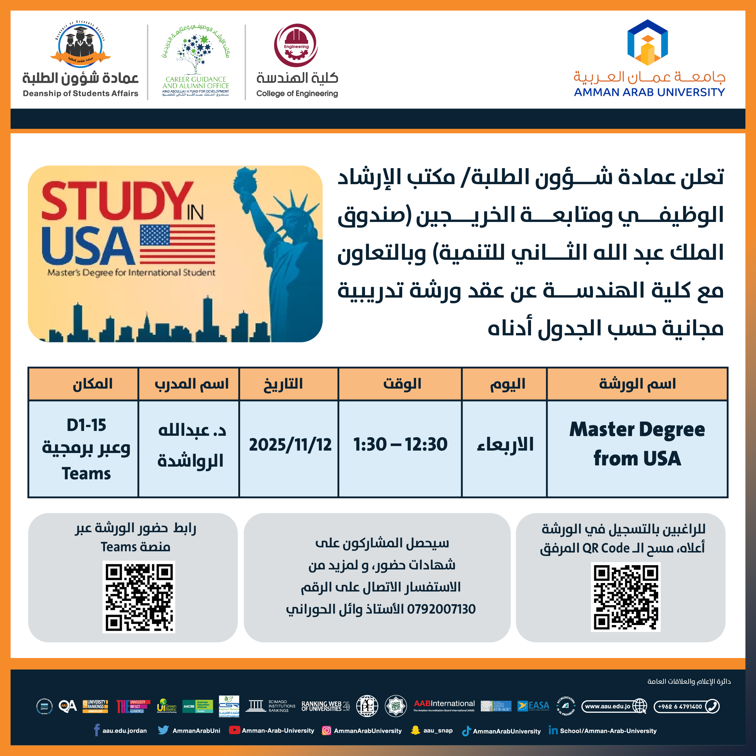 ورشة تدريبية بعنوان Master Degree from USA