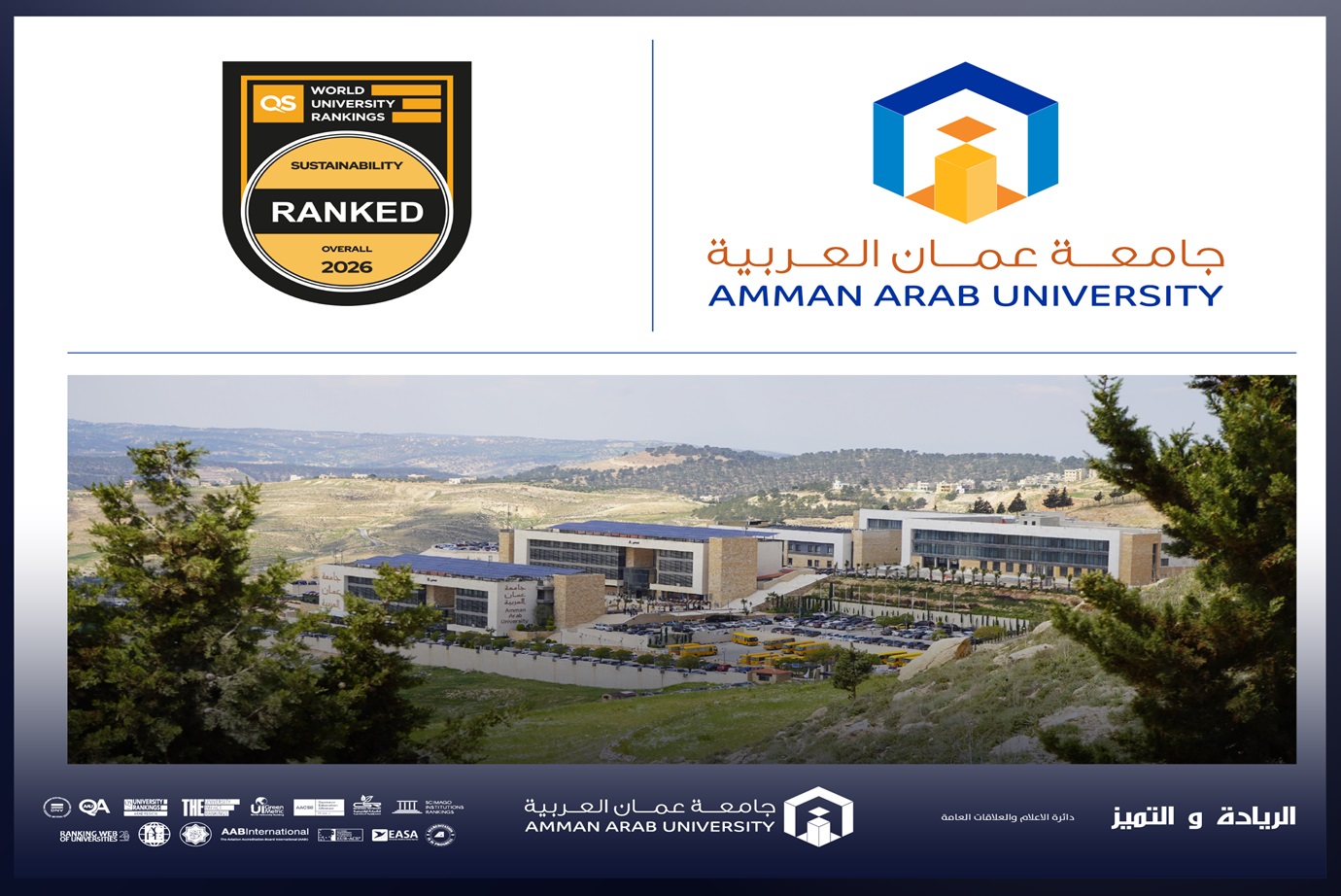بدخولها للمرة الأولى: "عمان العربية" تحقق المرتبة الثانية على كافة الجامعات الأردنية بمعيار البحوث البيئية بتصنيف QS العالمي للاستدامة 2026