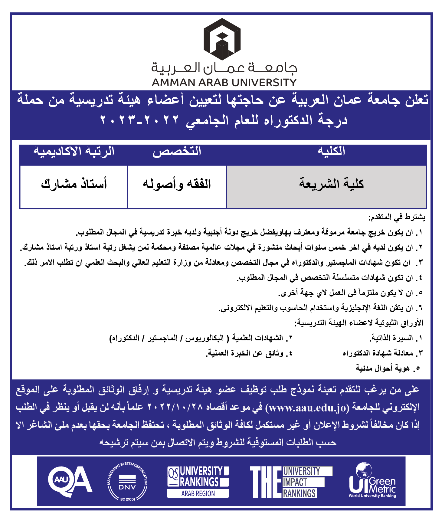 اعلان توظيف - تعلن جامعة عمان العربية عن حاجتها لتعيين اعضاء هيئة تدريس من حملة درجة الدكتوراة لكلية الشريعة