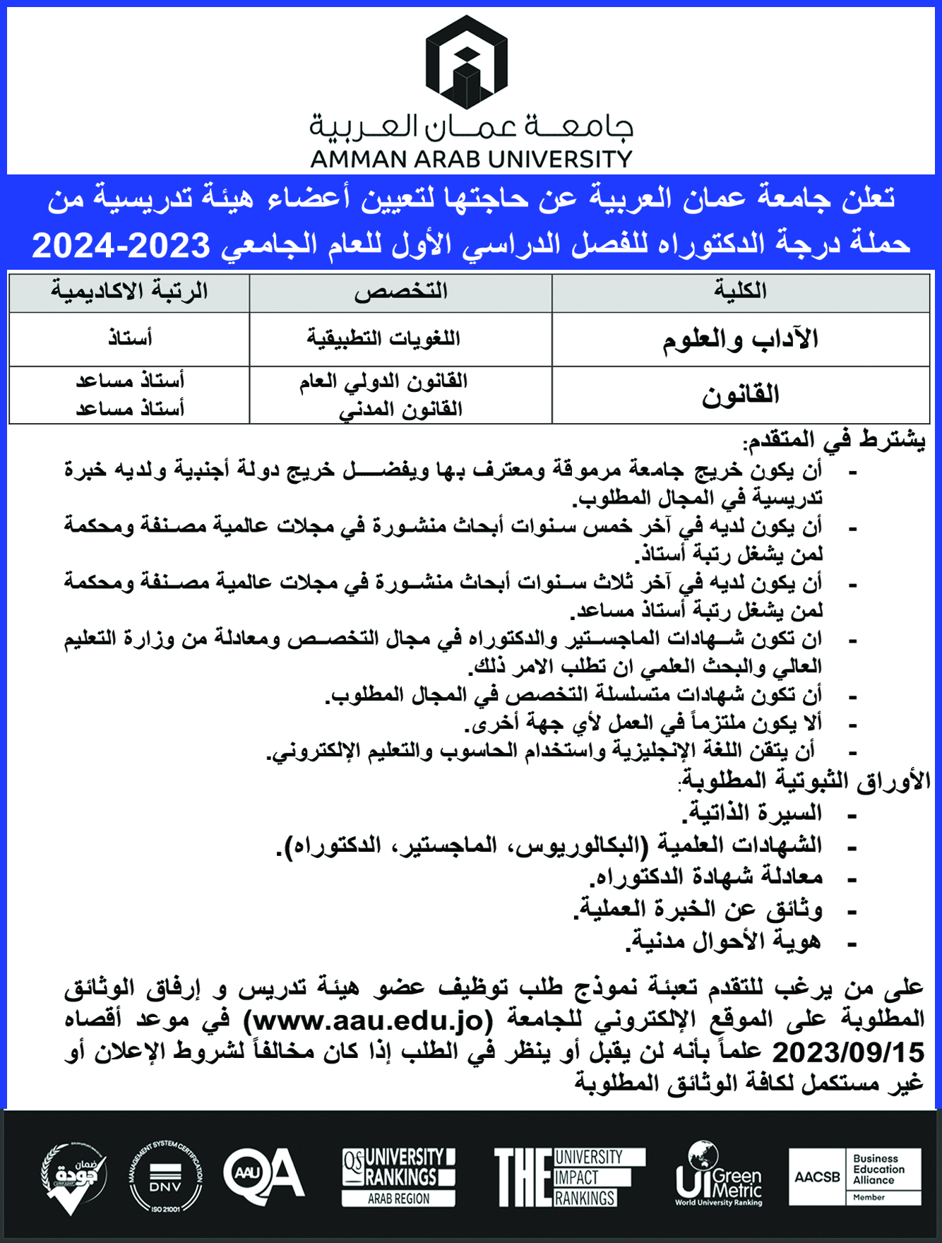 تعلن جامعة عمان العربية عن حاجتها لتعيين اعضاء هيئة تدريسية من حملة درجة الدكتوراة للعام الجامعي 2023-2024