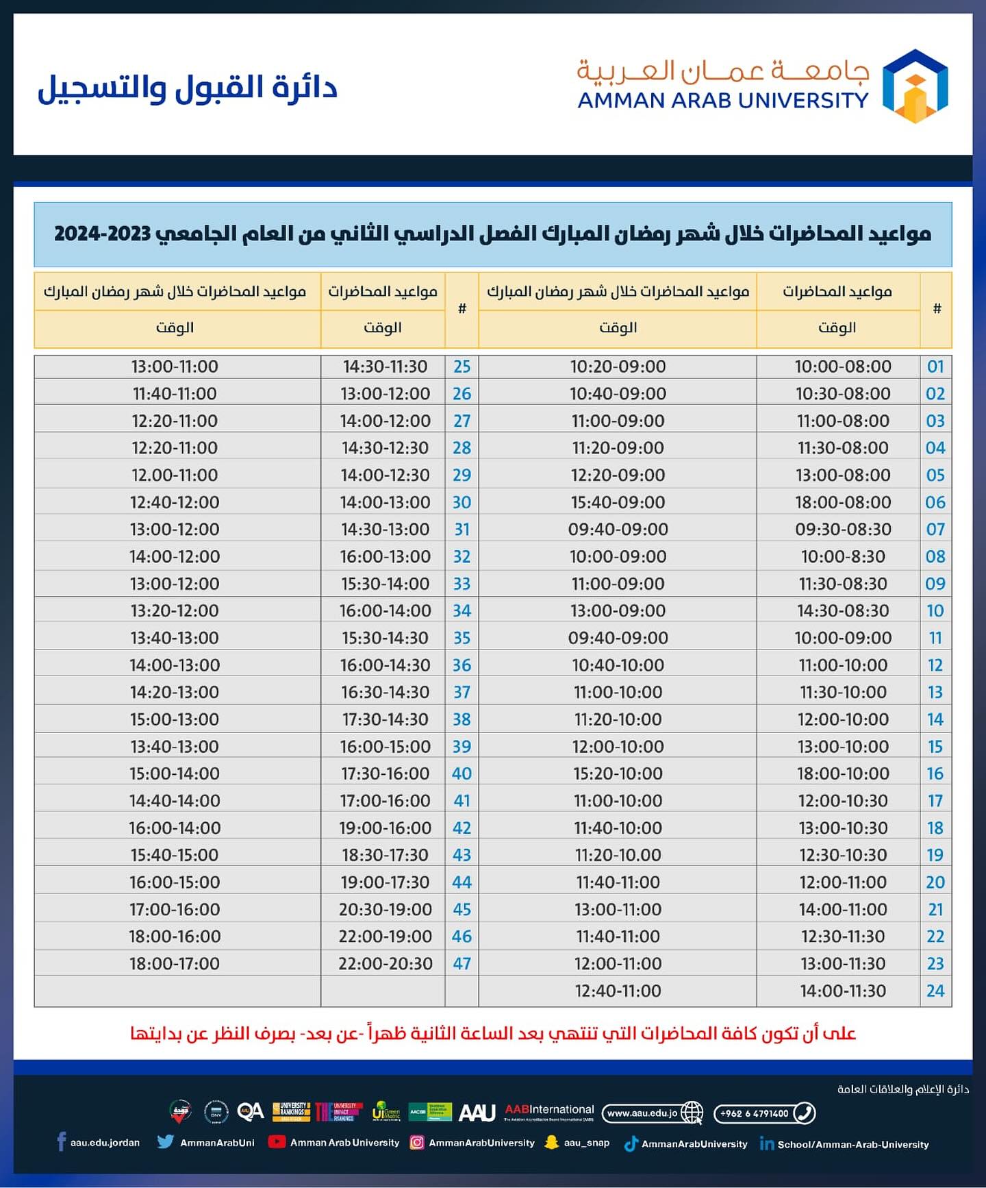 اعلان هام للطلبة - جدول محاضرات خلال شهر رمضان المبارك